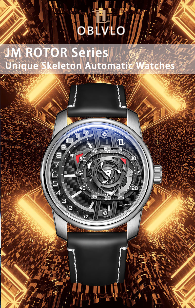 Luxury Men's Automatic Unique Carbon Fiber Skeleton Watch - OBLVLO JM ROTOR