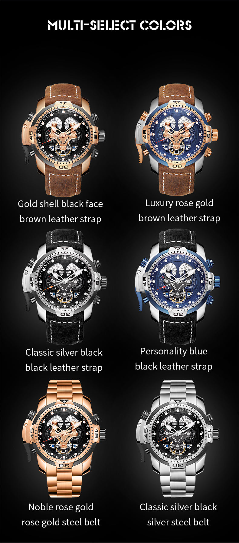 Reef Tiger Aurora Concept Luxury Men's Automatic Sport Watches