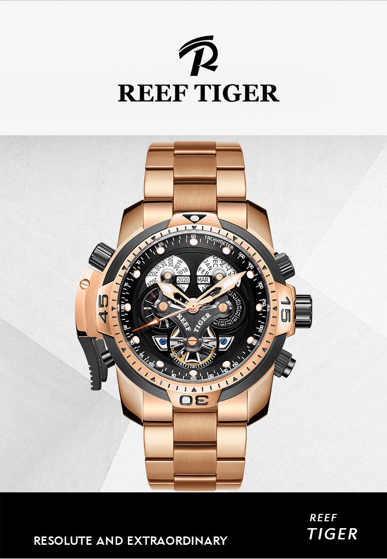 Reef Tiger Luxury Men's Aurora Concept Rose Gold Military Automatic Sport Watch