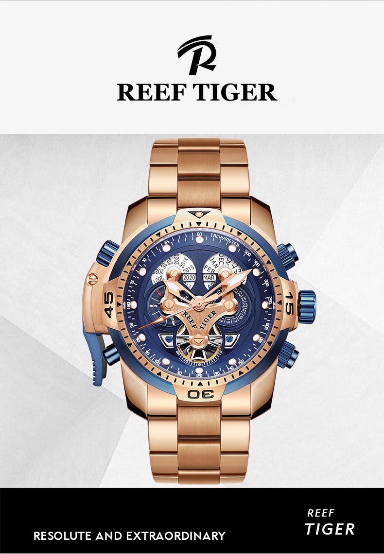 Reef Tiger Aurora Concept Luxury Skeleton Men's Automatic Rose Gold Watches