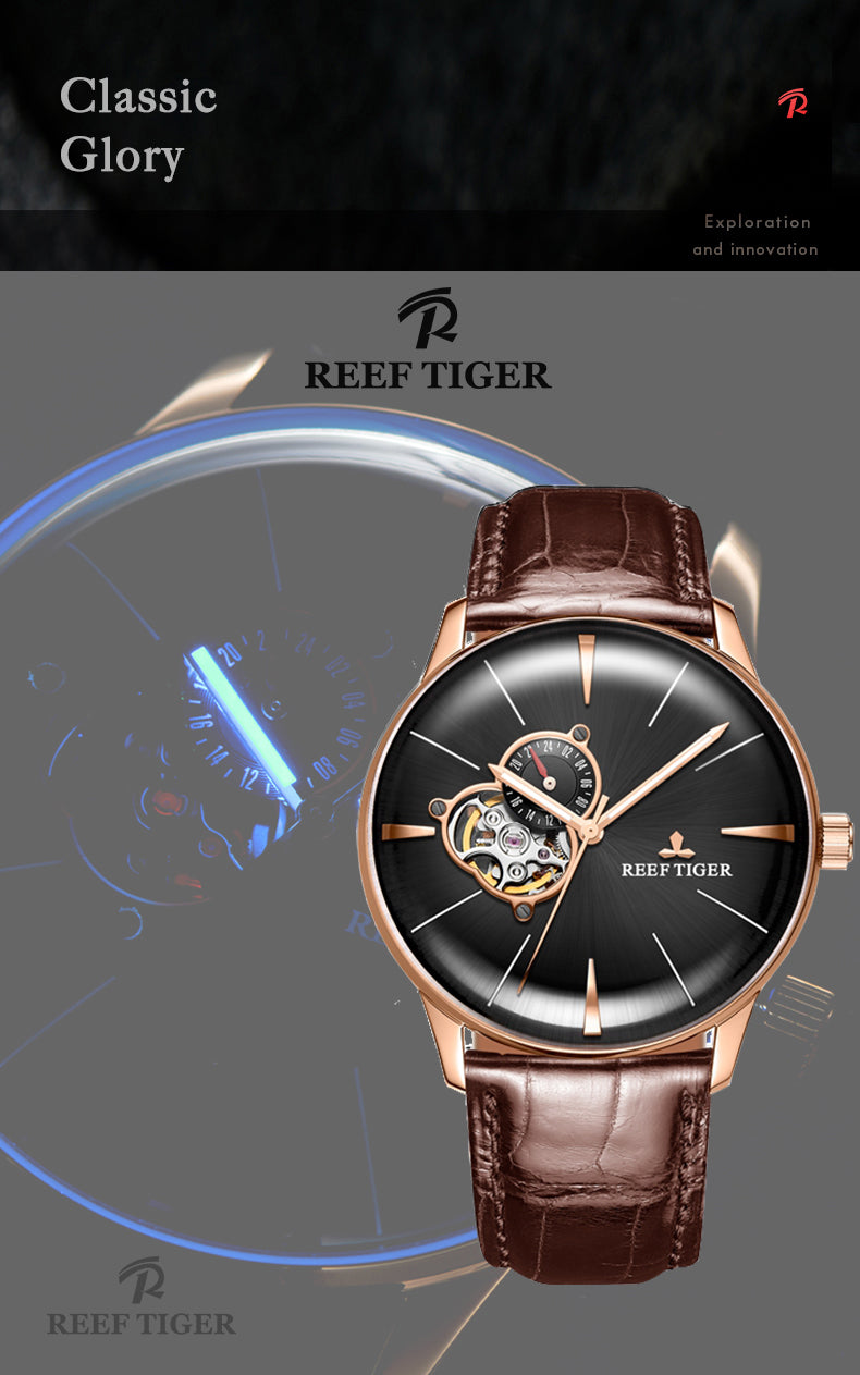 Affordable Rose Gold Automatic Dress Watches from Reef Tiger Classic Glory