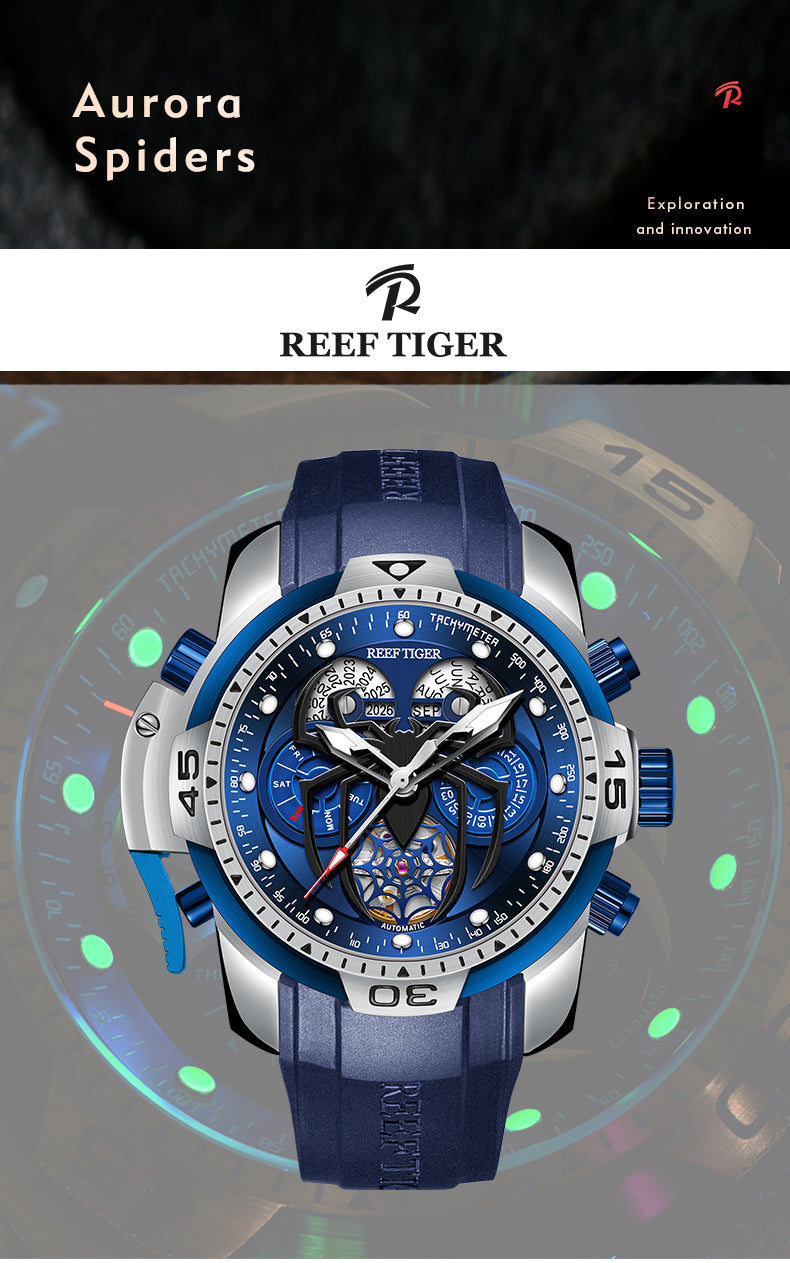 Luxury Skeleton Sport Automatic Watches from Reef Tiger Aurora Spider