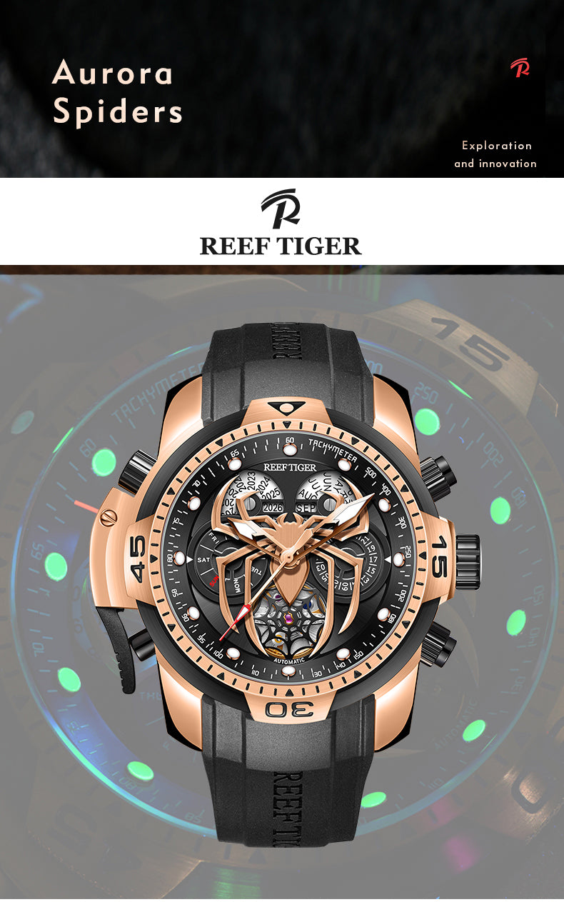 Luxury Men's Automatic Rose Gold Watch from Reef Tiger Aurora Spider