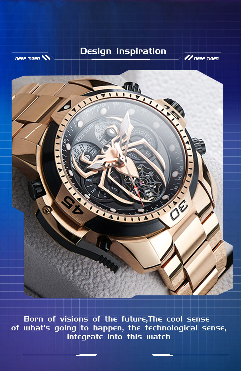 Luxury Men's Automatic Rose Gold Watch from Reef Tiger Aurora Spider