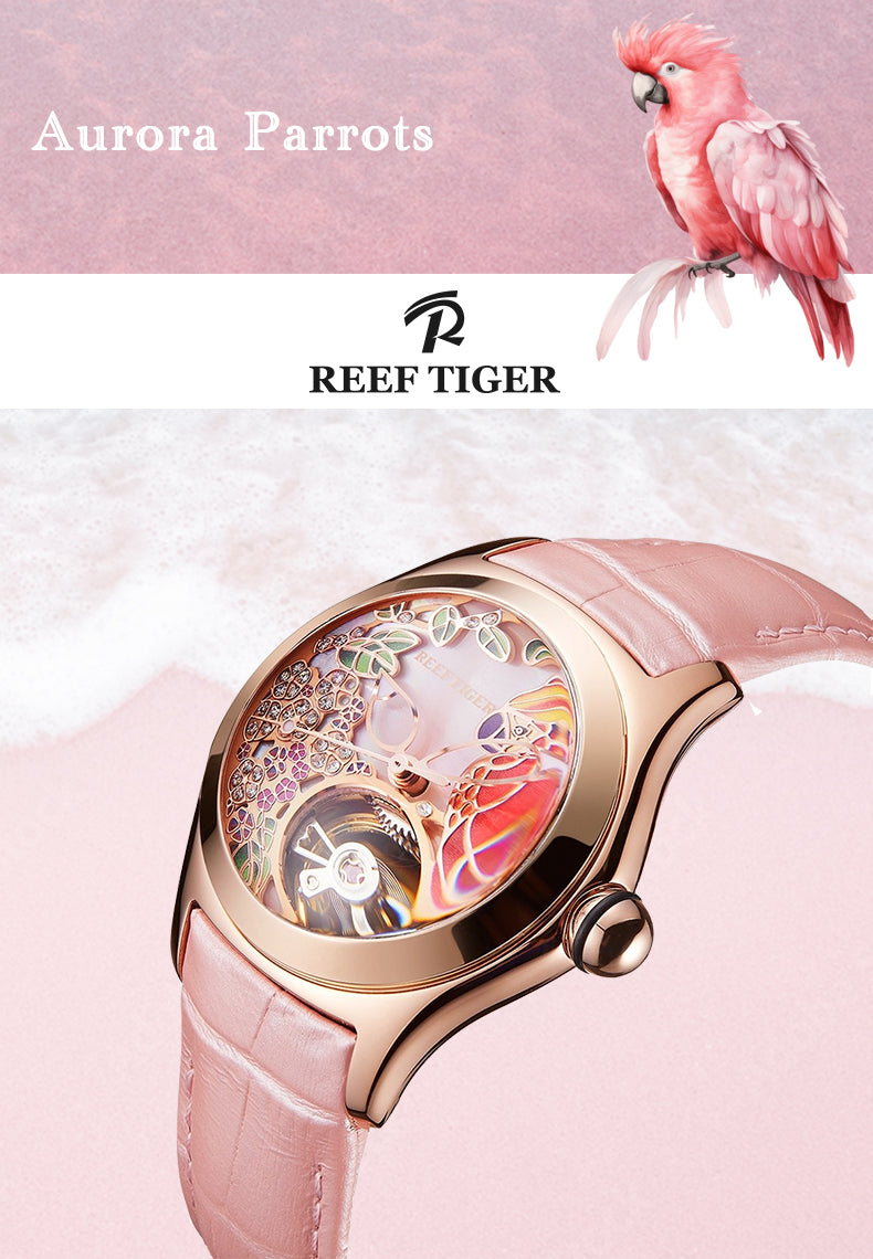 Reef Tiger Aurora Parrots Luxury Automatic Rose Gold Diamond Watch