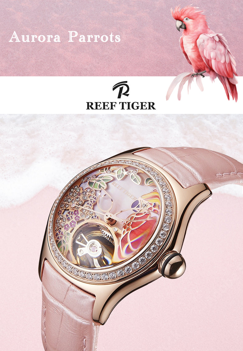 Luxury Rose Gold Women's Diamond Watches - Reef Tiger Aurora Parrots Series