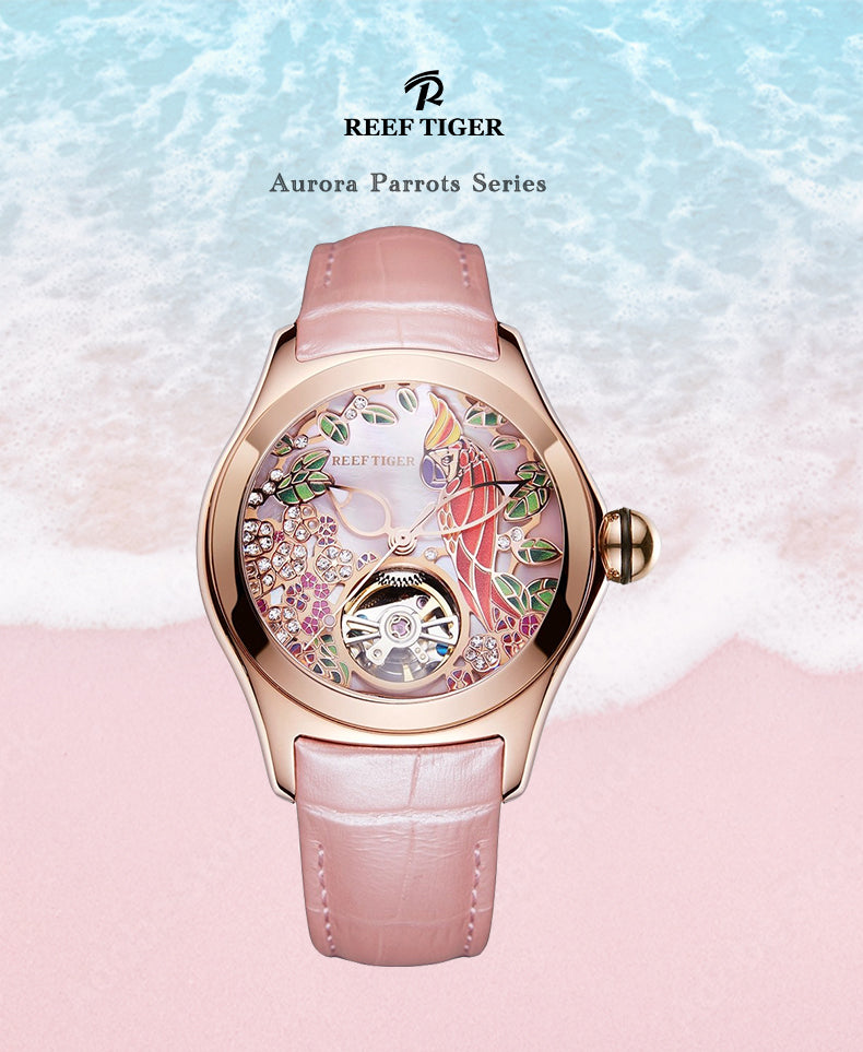 Reef Tiger Aurora Parrots Luxury Automatic Rose Gold Diamond Watch