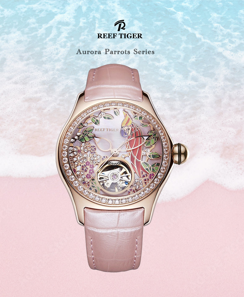 Luxury Rose Gold Women's Diamond Watches - Reef Tiger Aurora Parrots Series