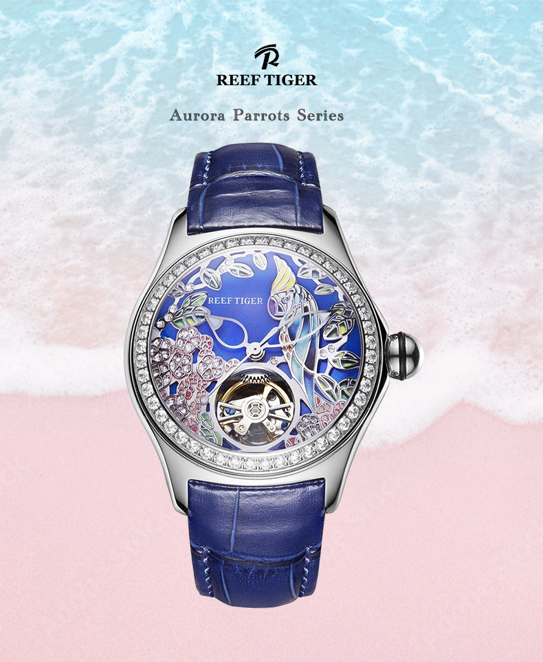 Luxury Reef Tiger Designs Aurora Parrots Blue Diamond Skeleton dial Wristwatches