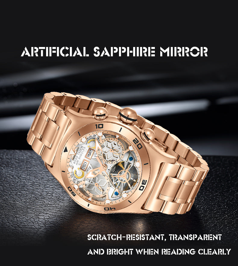 Reef Tiger Luxury Rose Gold Unique Automatic Skeleton Wrist Watch