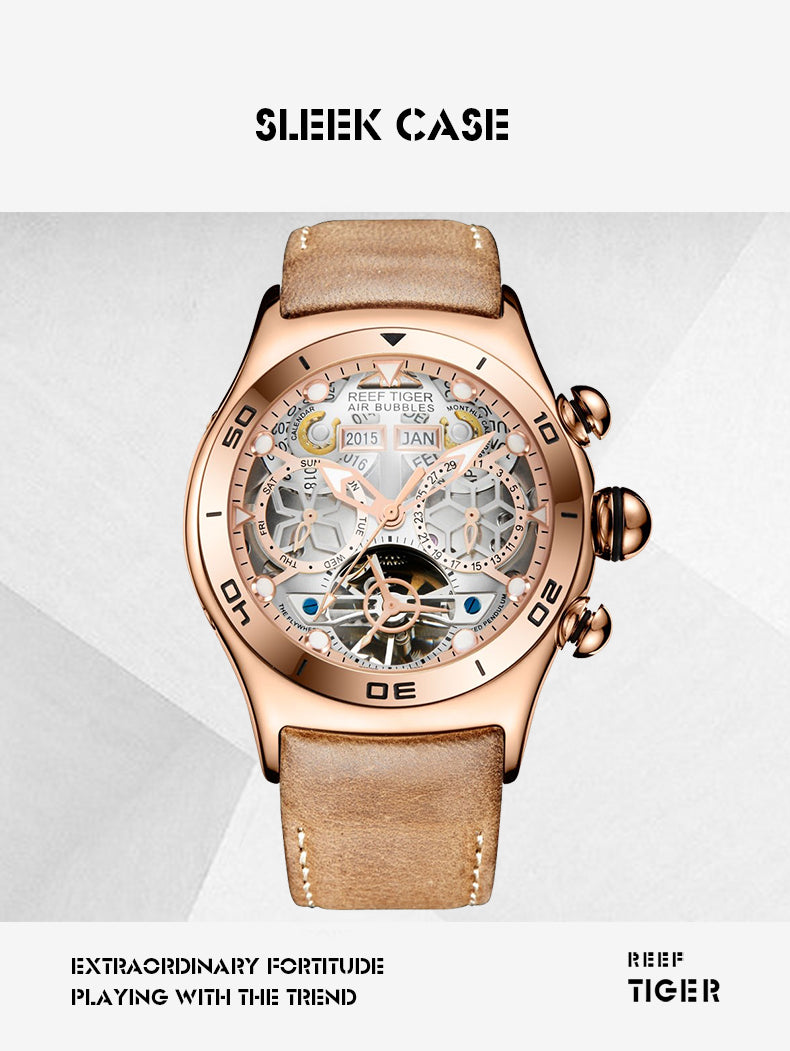 Reef Tiger Luxury Rose Gold Unique Automatic Skeleton Wrist Watch