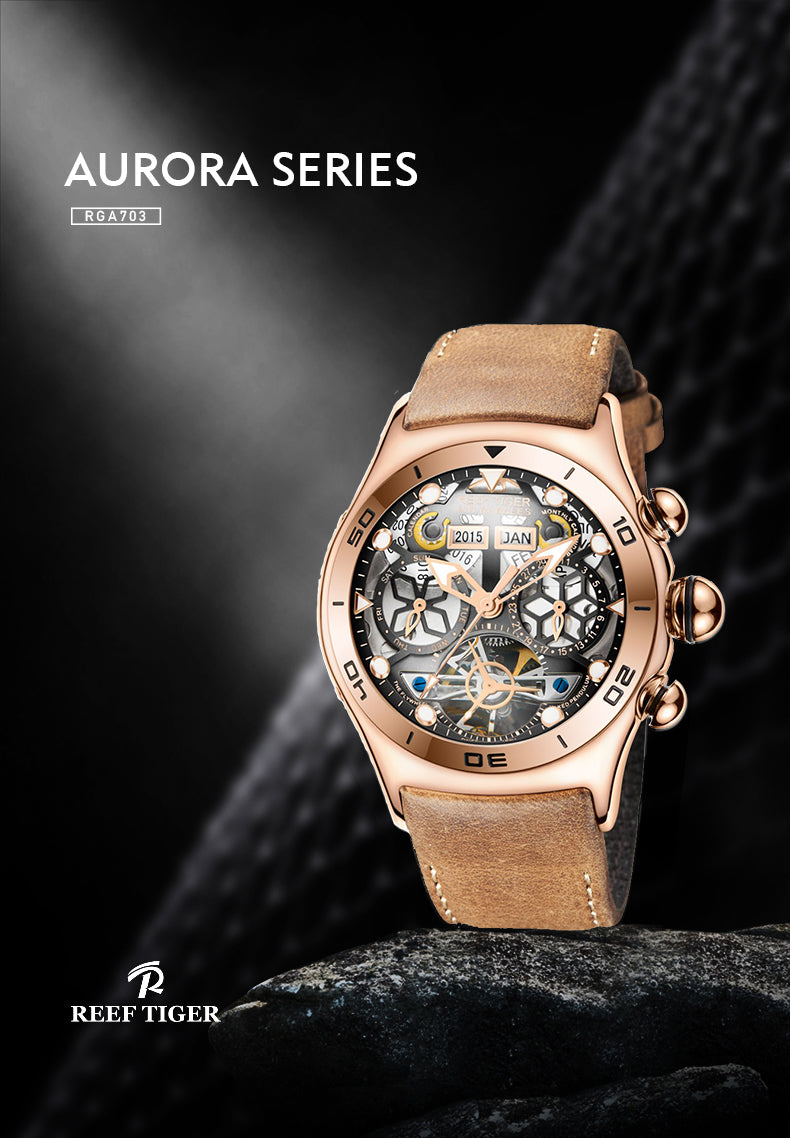 Luxury Reef Tiger Aurora Air Bubbles Design Rose Gold Skeleton Automatic Watch