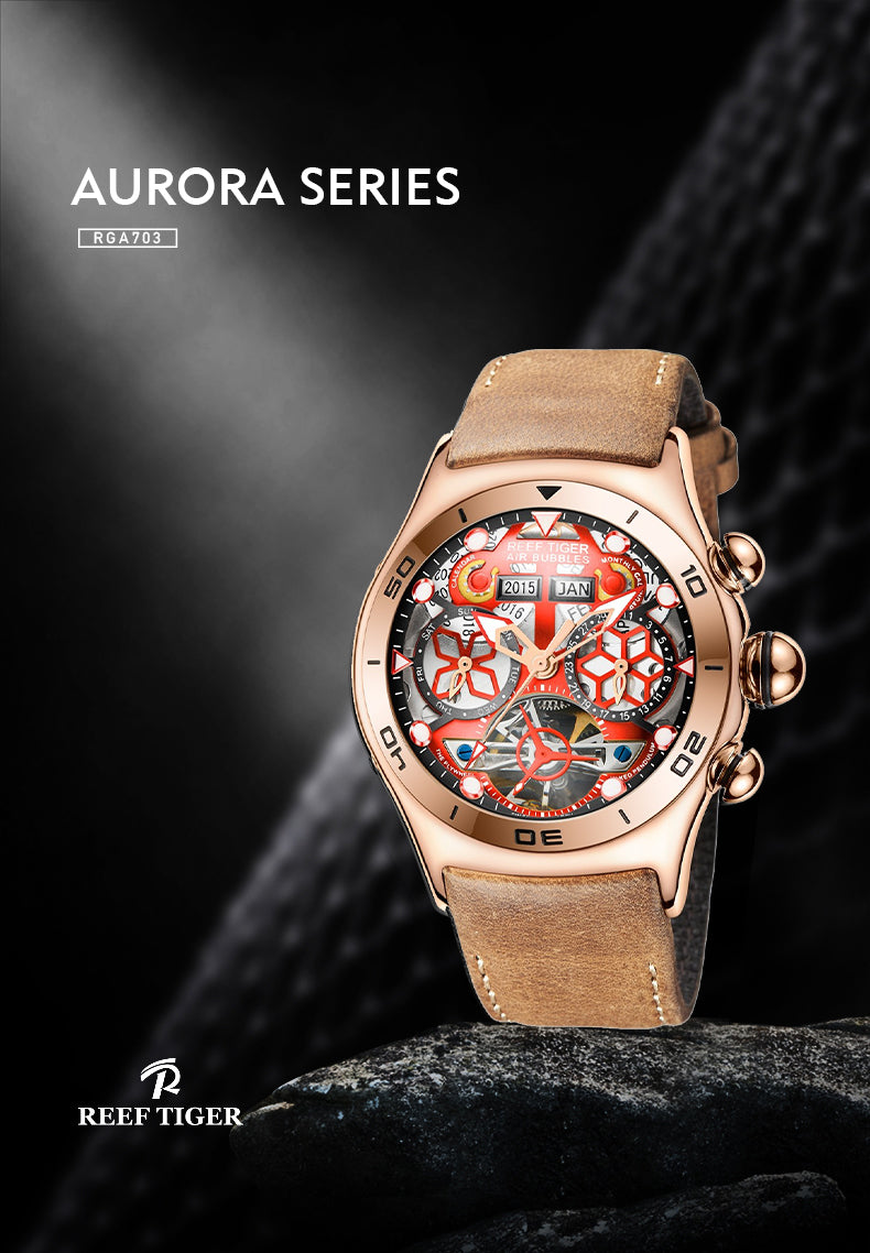 Reef Tiger Aurora Air Bubbles Luxury Automatic Skeleton Rose Gold Watch