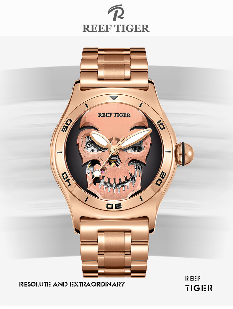 Luxury Reef Tiger Aurora Rose Gold Automatic Skeleton Skull Watch
