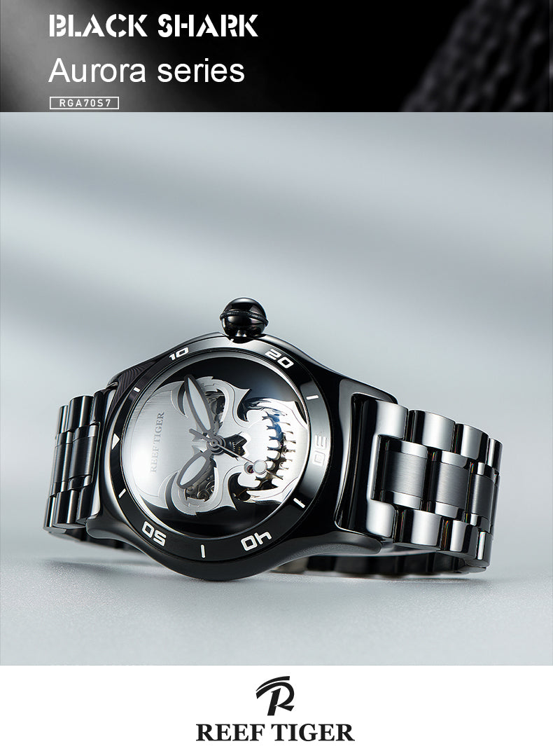 Luxury Reef Tiger Aurora Skull Black PVD Automatic Watch