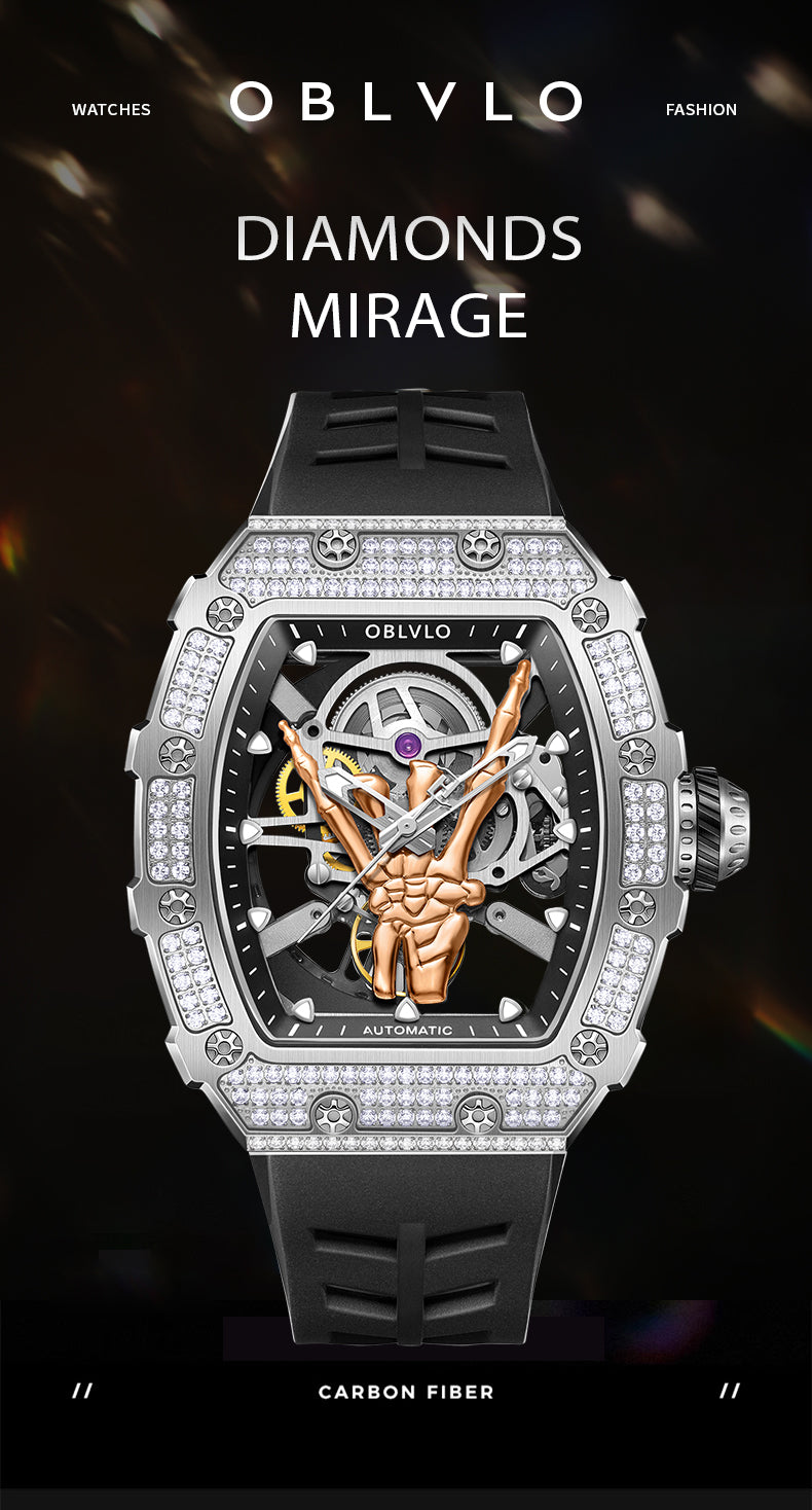 OBLVLO Diamond & Rock and Roll Skeleton Hand Automatic Watch