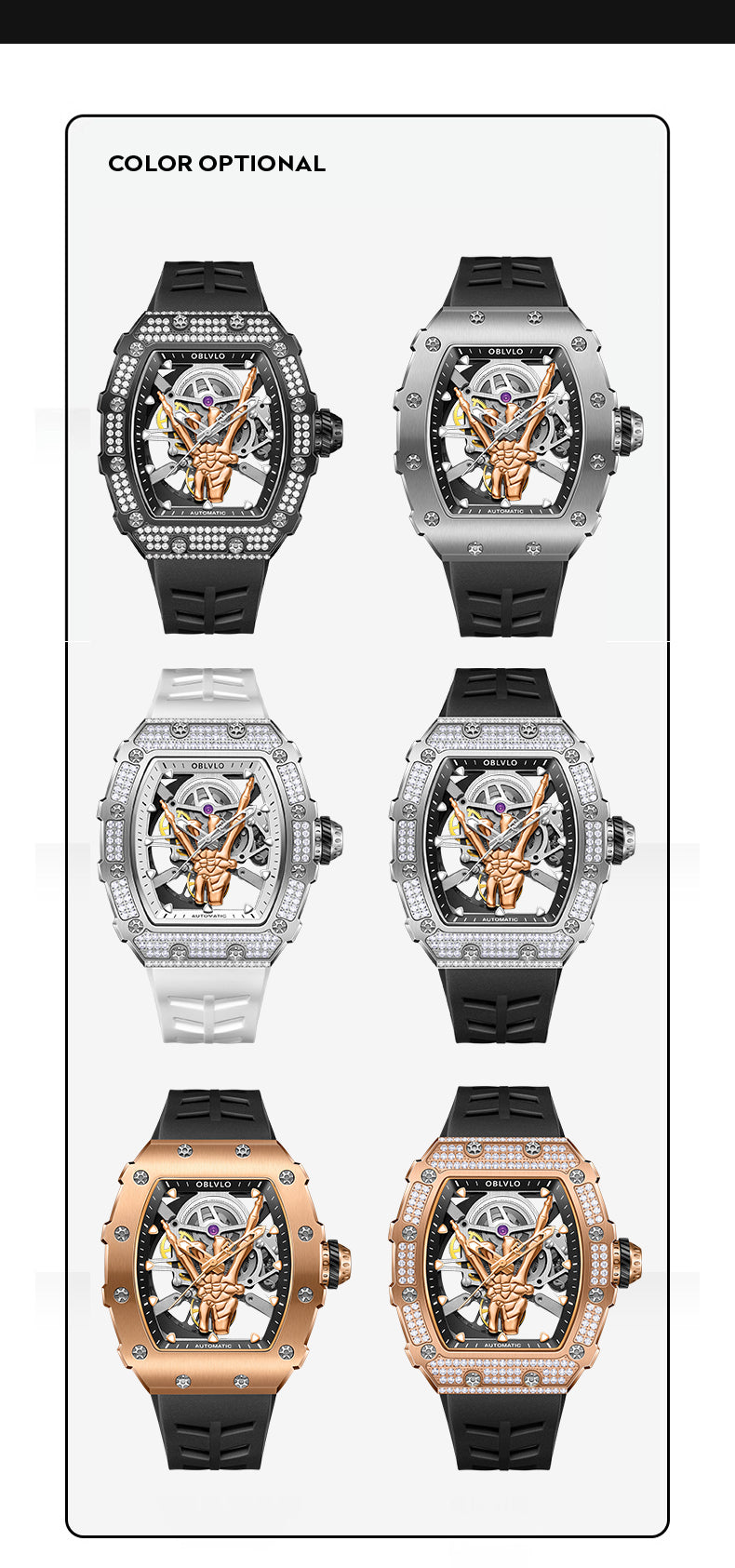 OBLVLO Cool Diamond & Rock and Roll Skeleton Hand Automatic Watches