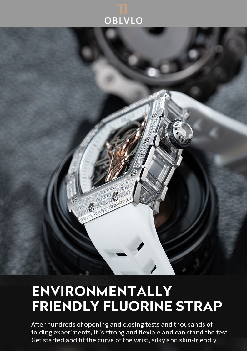 OBLVLO Luxury White Diamond Skeleton Automatic Watches for Men & Women