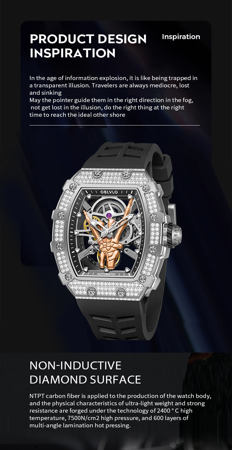 OBLVLO Diamond & Rock and Roll Skeleton Hand Automatic Watch