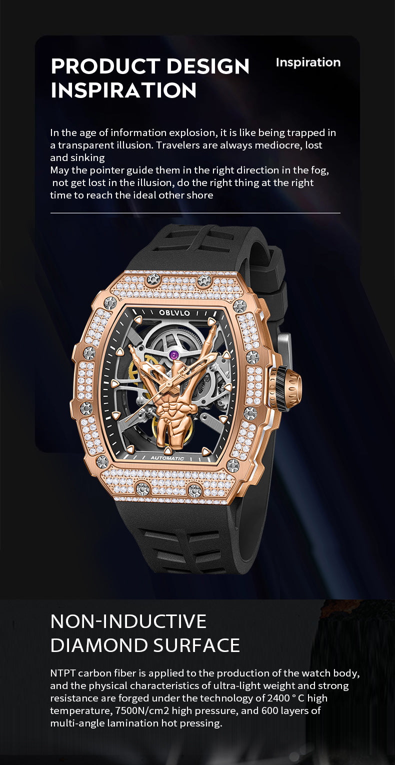 Luxury OBLVLO Rose Gold Diamond Skeleton Watches for Men and Women