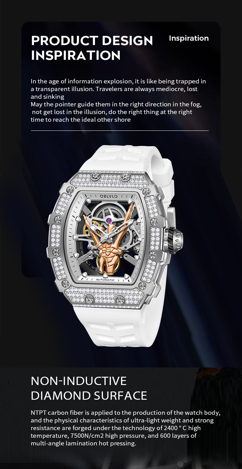 OBLVLO Luxury White Diamond Skeleton Automatic Watches for Men & Women