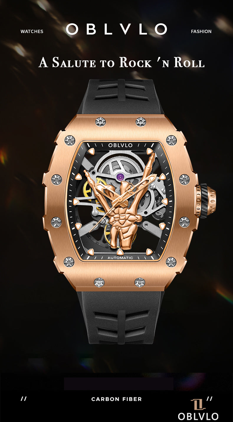 Affordable Luxury OBLVLO Automatic Rose Gold Skeleton Watches