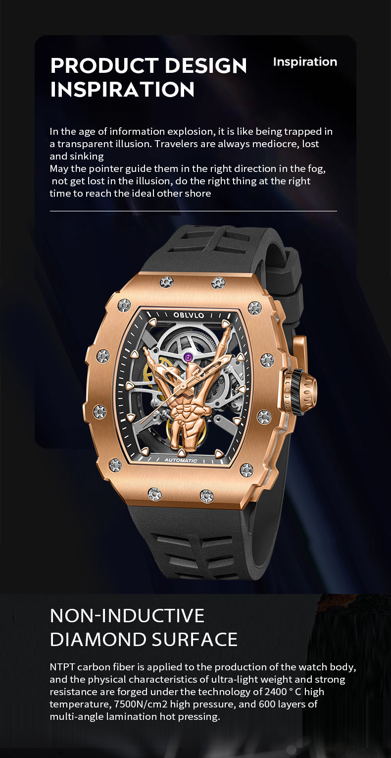 Affordable Luxury OBLVLO Automatic Rose Gold Skeleton Watches