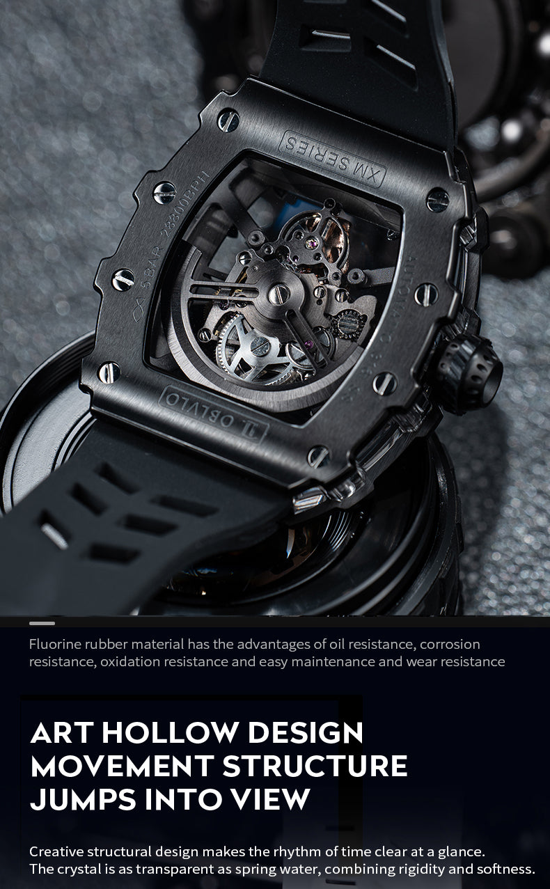 Cool OBLVLO Luxury Skeleton Black PVD Automatic Watches for sale
