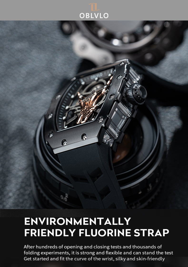 Cool OBLVLO Luxury Skeleton Black PVD Automatic Watches for sale