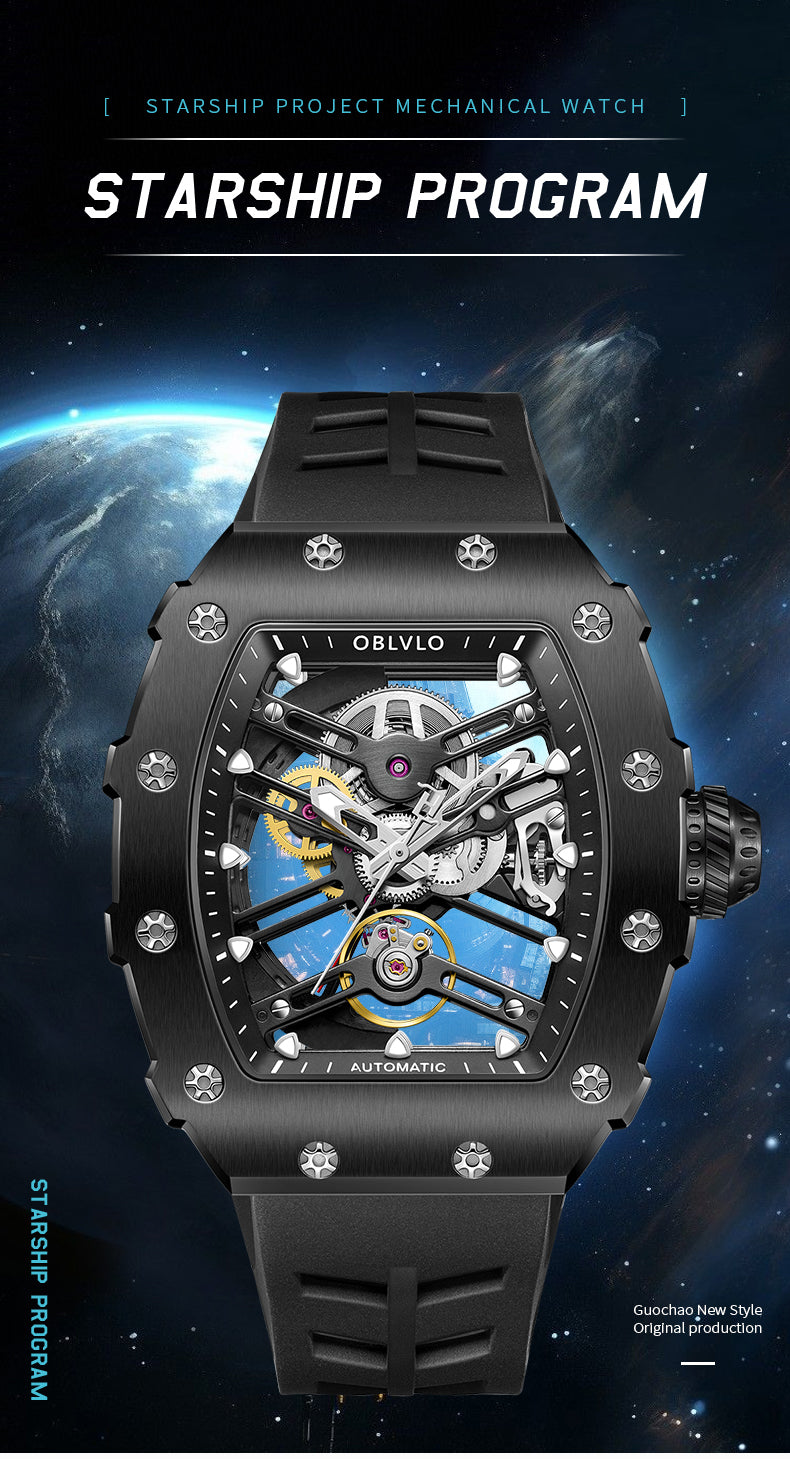 OBLVLO Cool Men's Skeleton Automatic Black PVD Watch