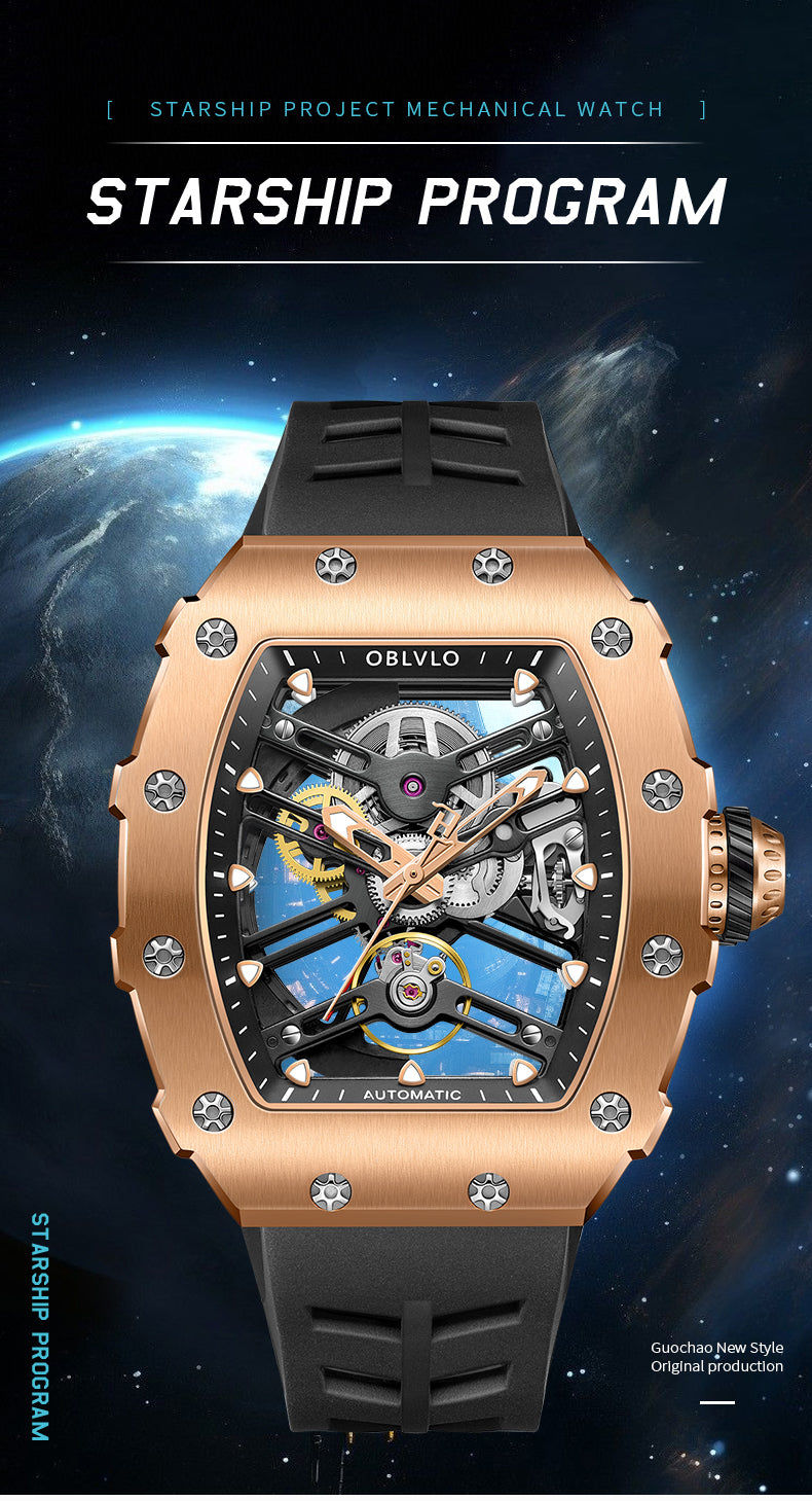 OBLVLO Automatic Rose Gold Skeleton Watch for Men and Women