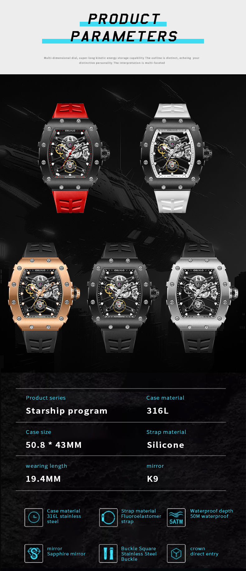 Amazing OBLVLO Luxury Mens Automatic Skeleton Watches