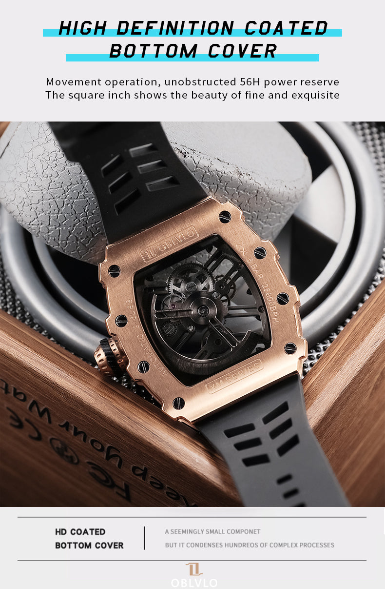 OBLVLO Automatic Rose Gold Skeleton Watch for Men and Women
