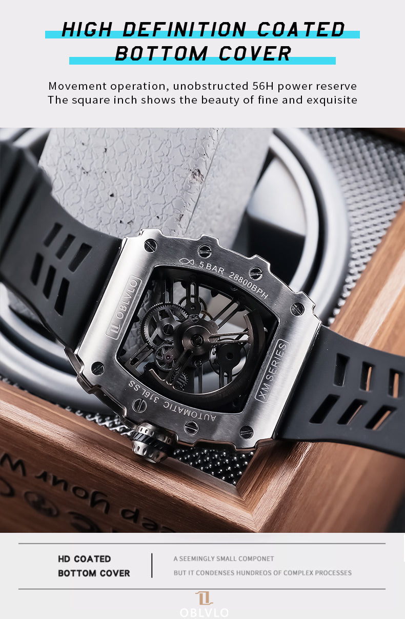 OBLVLO Luxury Mens Automatic Skeleton Watch