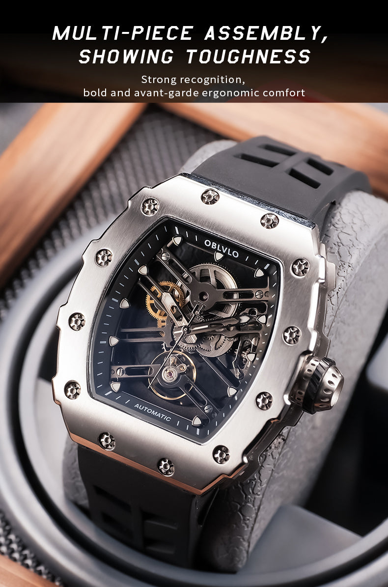 OBLVLO Luxury Mens Automatic Skeleton Watch