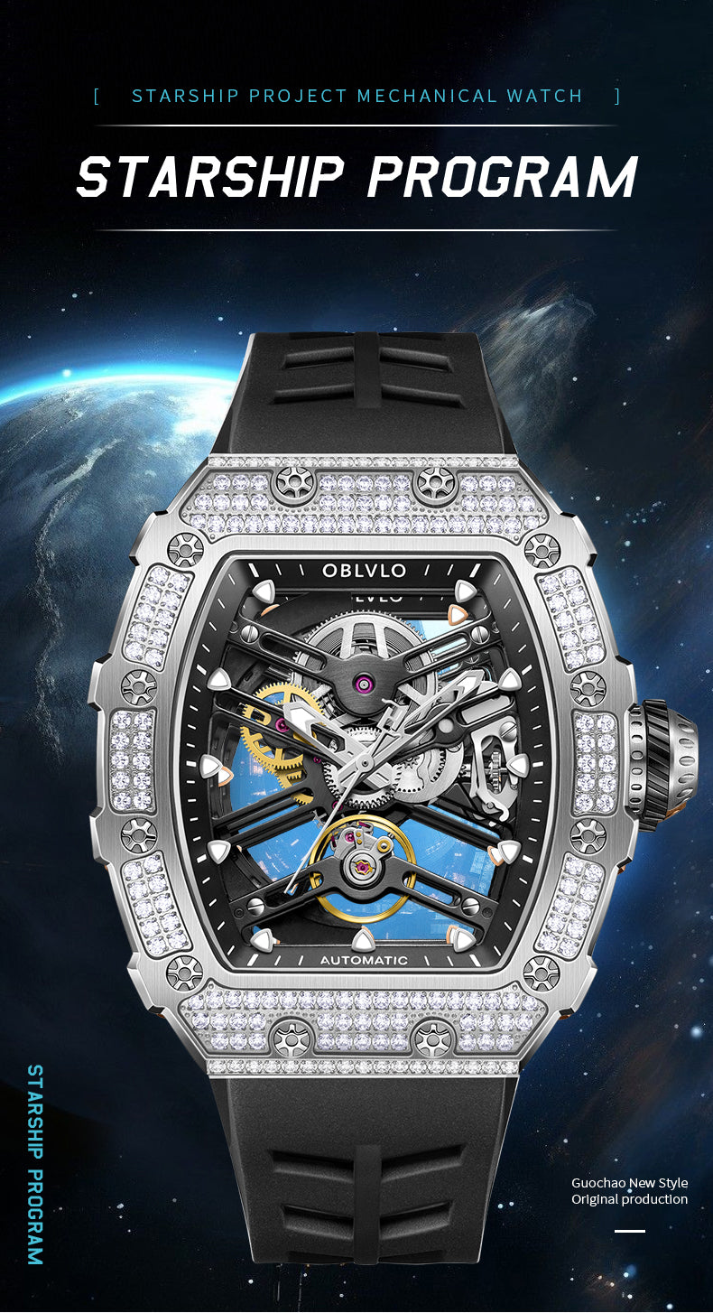 Affordable OBLVLO Luxury Mens Diamond Skeleton Watch for Sale