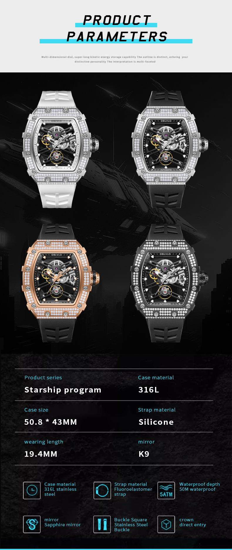 Luxury OBLVLO Mechanical Skeleton Diamond Watches