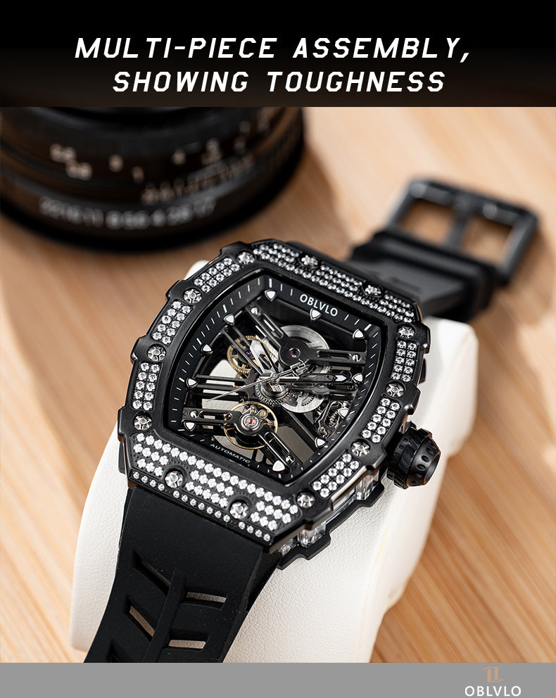 OBLVLO Luxury Automatic Skeleton Diamond Watch