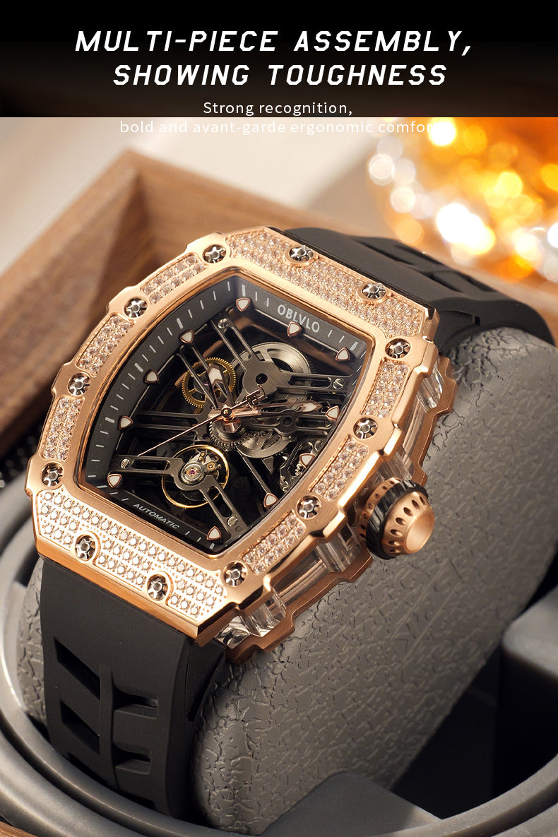 Luxury OBLVLO Rose Gold Mechanical Skeleton Diamond Watches