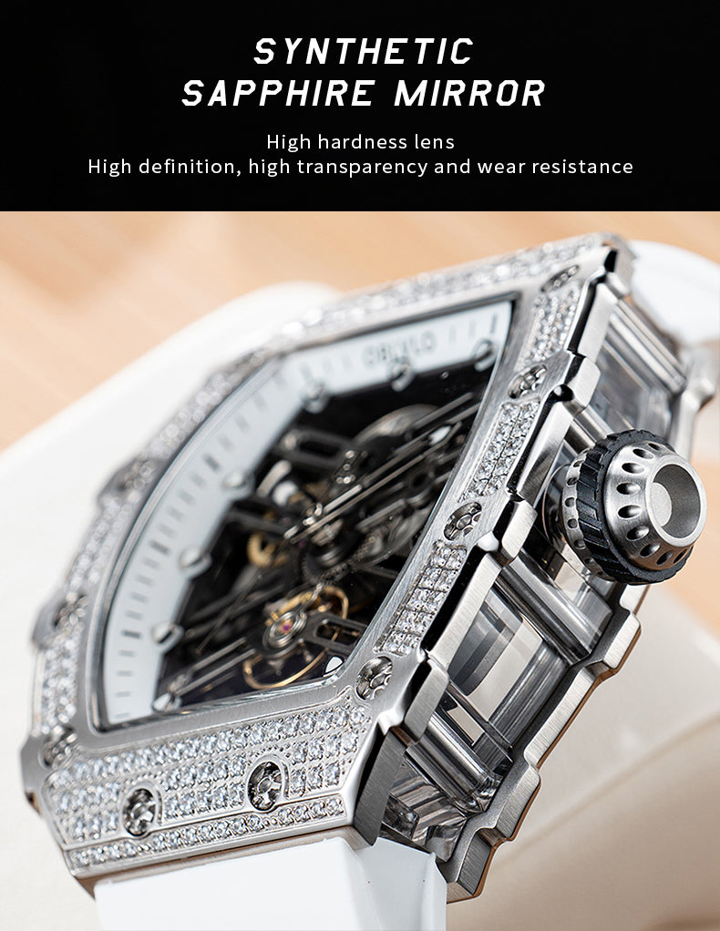 High Quality OBLVLO White Crystal Diamond Skeleton Watches