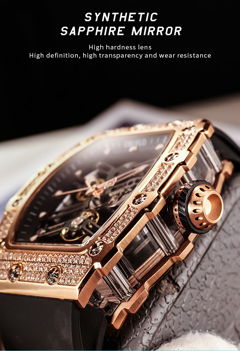 Luxury OBLVLO Rose Gold Mechanical Skeleton Diamond Watches