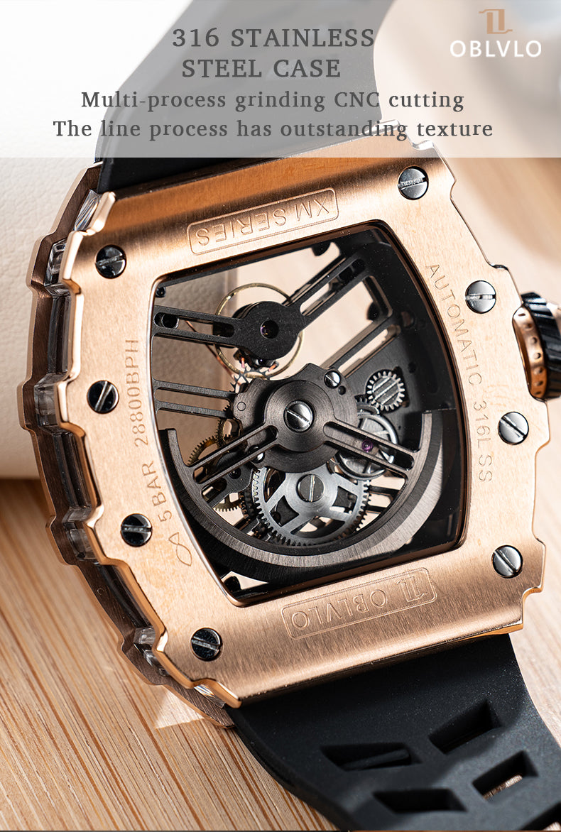 Luxury OBLVLO Rose Gold Mechanical Skeleton Diamond Watches