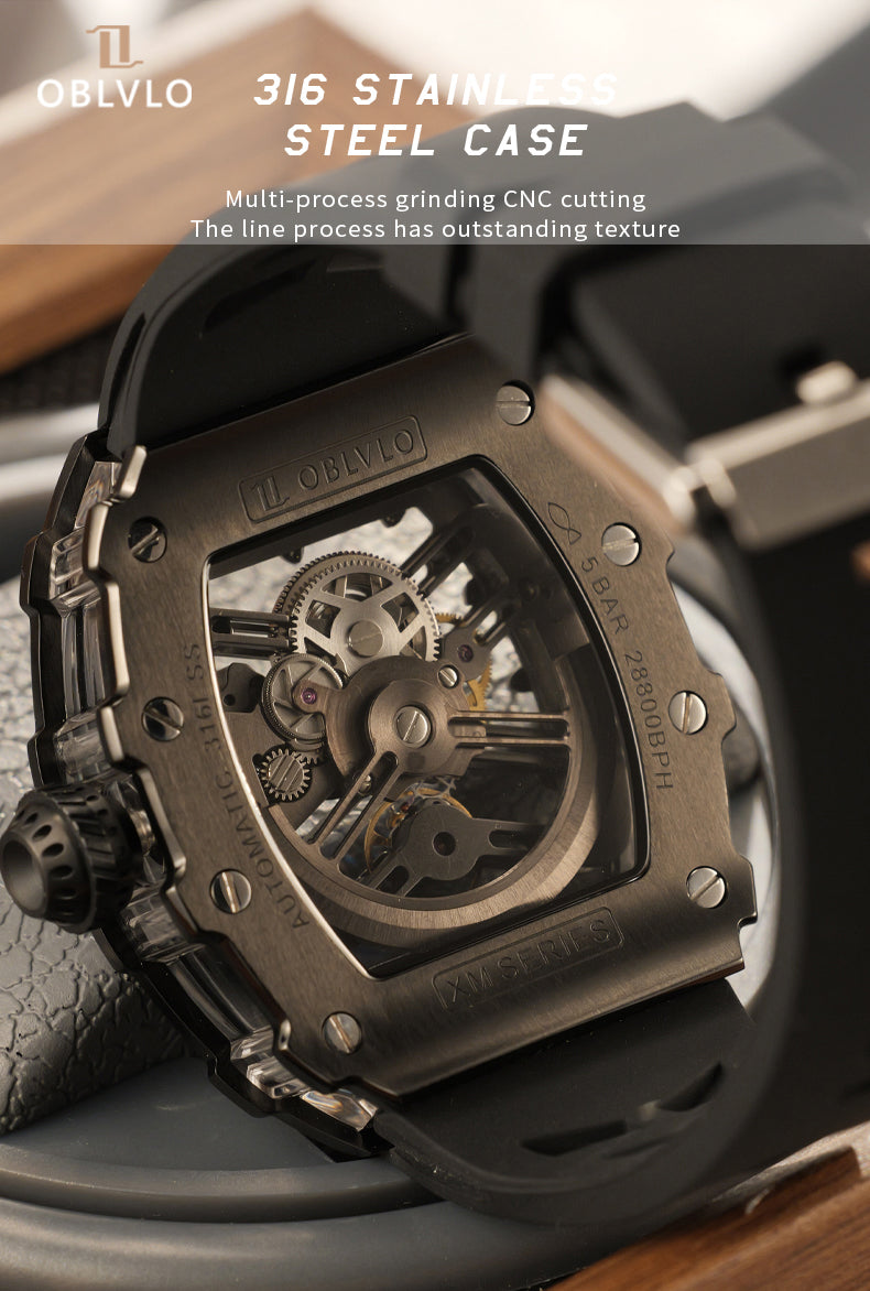 OBLVLO Luxury Automatic Skeleton Diamond Watch