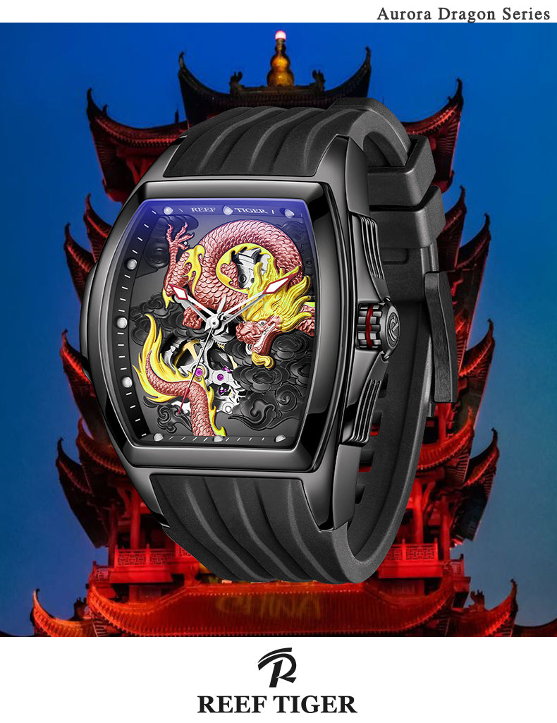 Luxury Cool Red China Dragon Skeleton Unique Mechanical Watches From Reef Tiger