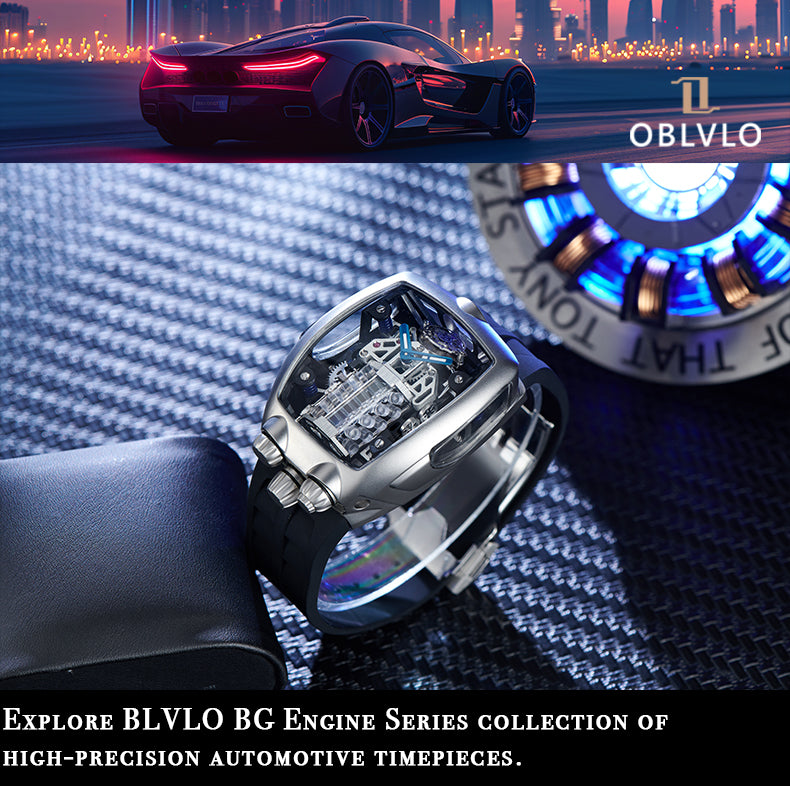 Luxury Men's Tonneau Automatic Tonneau Watch -  OBLVLO BG Racing Engine