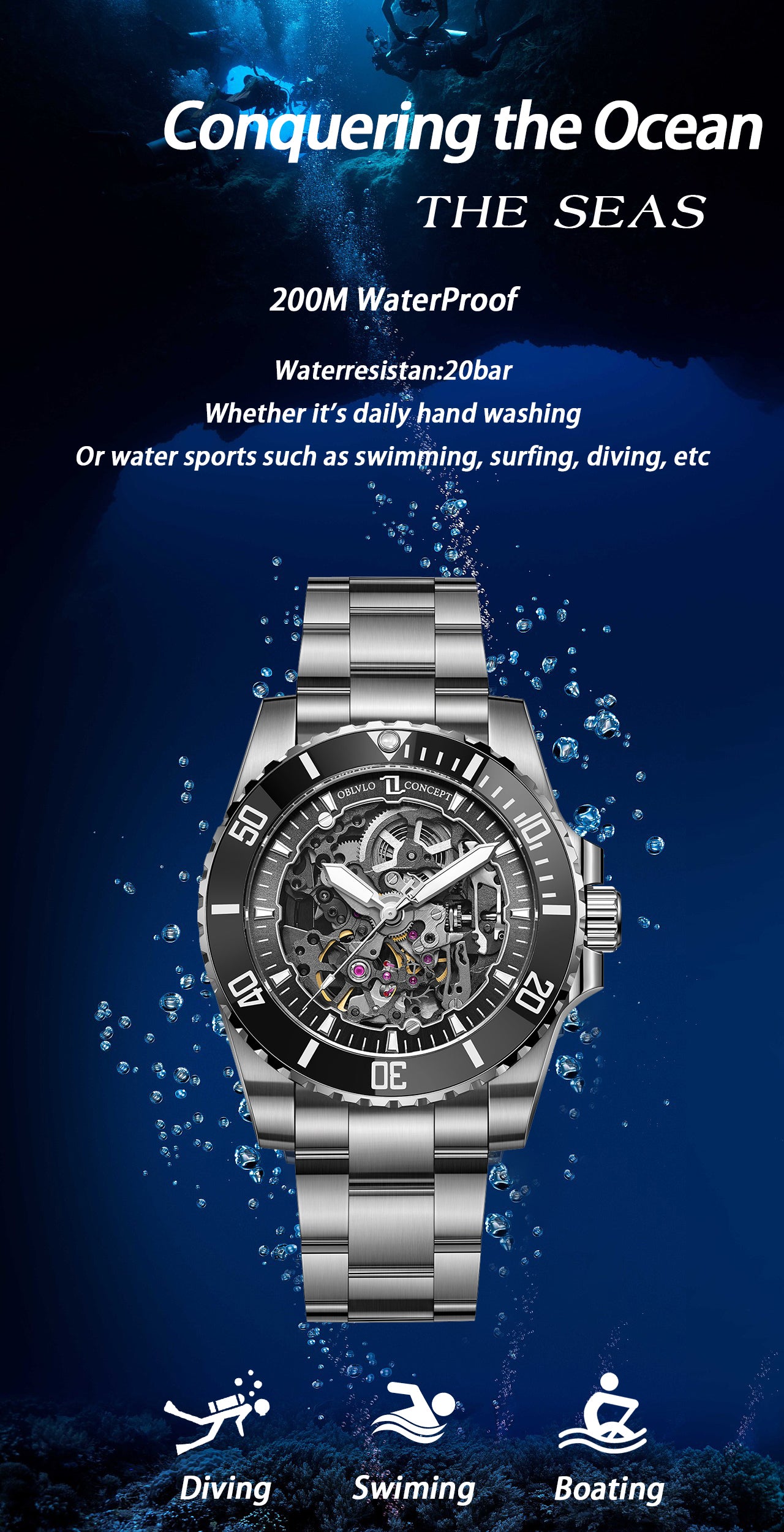 Oblvlo Design DM-S PLB Luxury Automatic Skeleton Dive Watches For Men