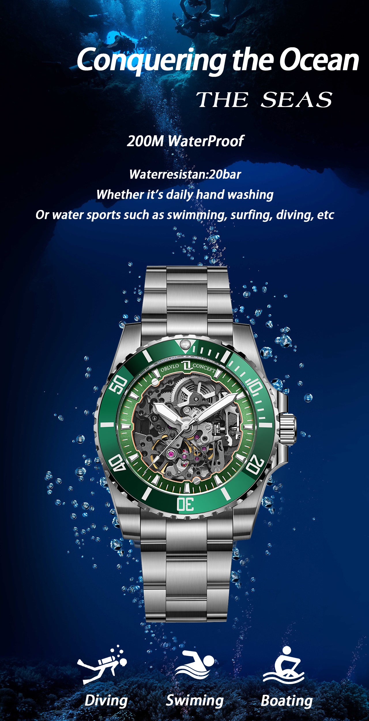 Luxury Oblvlo Design DM-S Green Ceramic Beze Automatic Skeleton Dive Watches