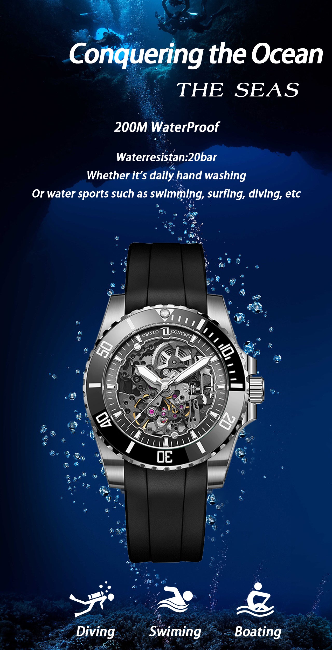 Best Oblvlo Design DM-S Luxury Automatic Skeleton Dive Watch