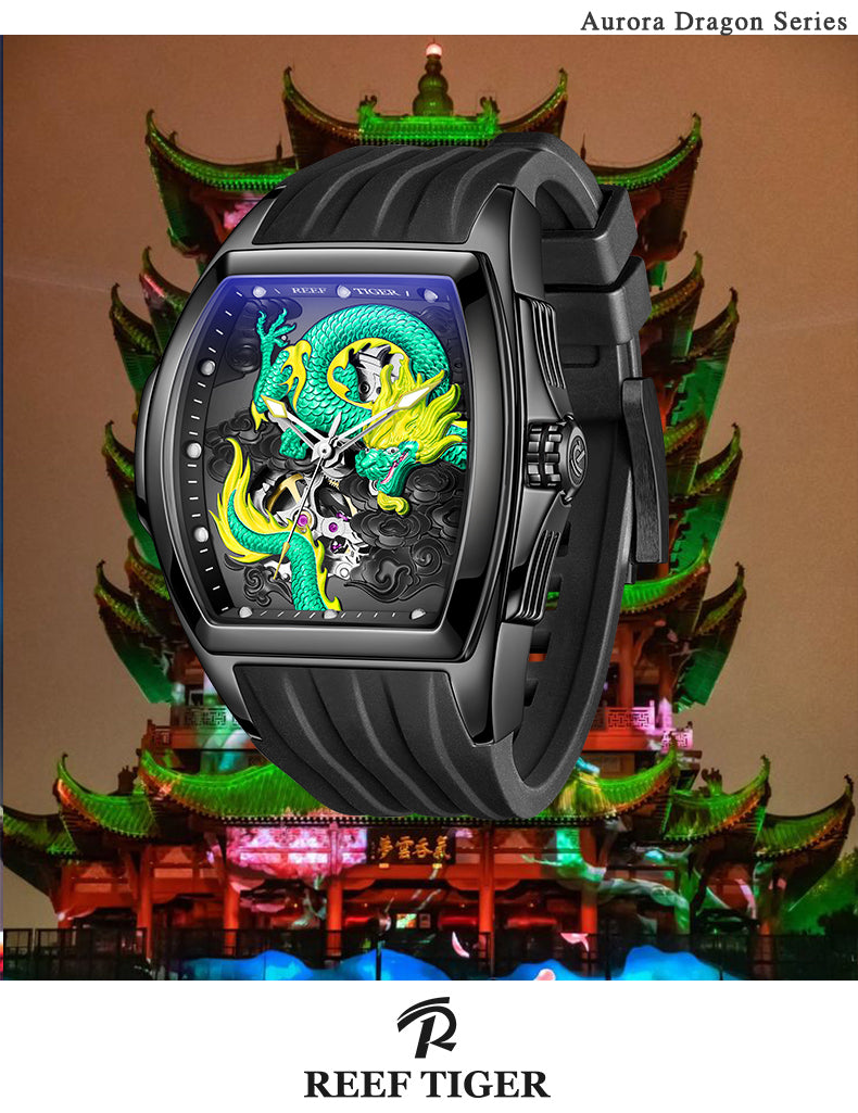 Cool Unique Green China Dragon Skeleton Mens Watches from Reef Tiger Aurora