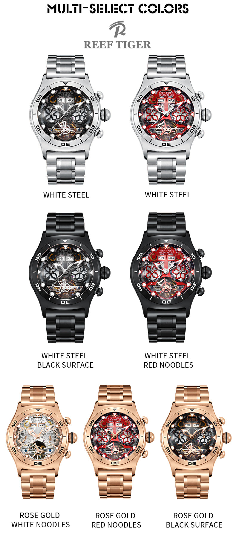 Reef Tiger Aurora Air Bubbles Luxury Unique Skeleton Watches